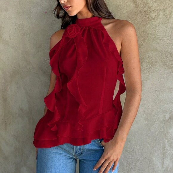Red Casual Women's Ruched Floral 3d Decoration Halter Top - Picture 5 of 6